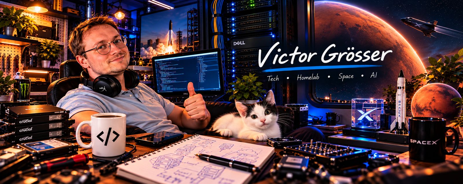 Victor Grösser in his home office with servers, code on screen and a cat on the desk